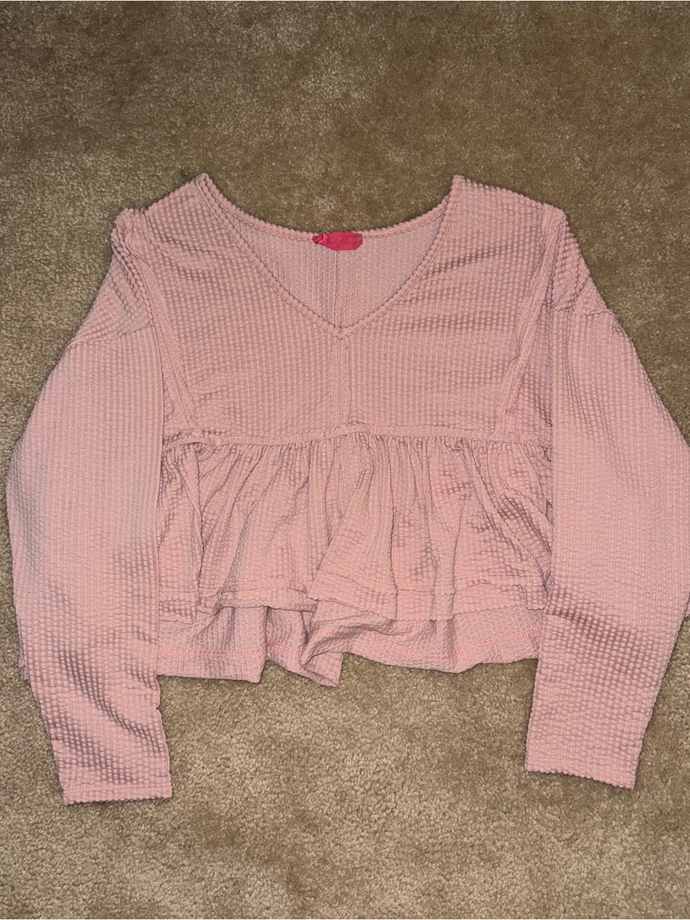 Altar'd State Pink Waffle Knit Ruffle Babydoll Long Sleeve T-Shirt Size S
